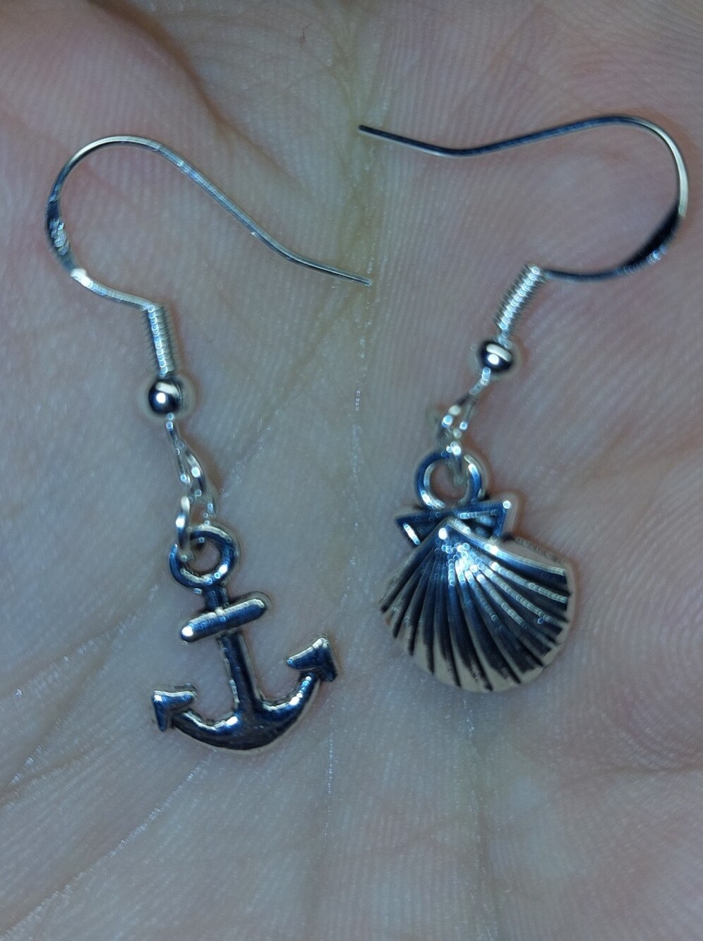 Handmade Silver Anchor and Shell Dangle Earrings - Women Jewelry